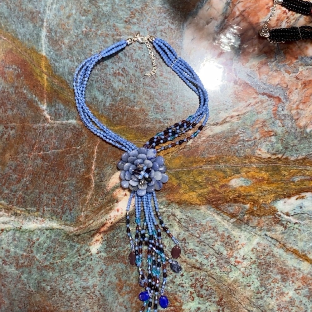 Blue Beaded Floral Necklace